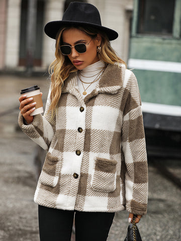 Woochic veste pour femmes en peluche double face col revers à carreaux
